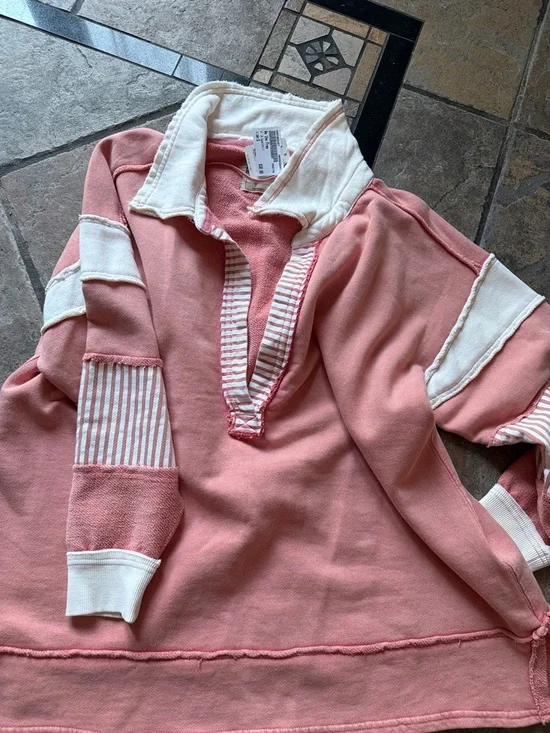 We The FREE Striped Trim Pink Pullover with Cream Collar - Picture 1 of 2